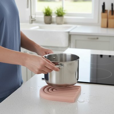 Dessous de plat en silicone rose utilisé pour poser une casserole chaude sur le comptoir