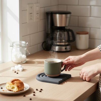 Dessous de plat moderne en silicone soutenant un pot chaud dans une cuisine lumineuse.