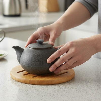 Dessous de plat naturel sous une assiette noire dégageant de la vapeur. 