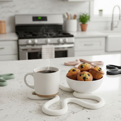 Dessous de plat ondulé vert utilisé pour protéger le plan de travail sous une tasse chaude.