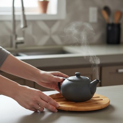 Dessous de plat rond en bois supportant une théière noire fumante.