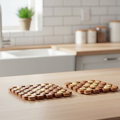 Dessous‑de‑plat-en-bois-artisanal-pose-sur-un-comptoir-de-cuisine 