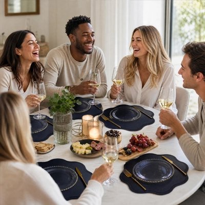 Ensemble de table bordeaux et or préparé pour un dîner en famille.