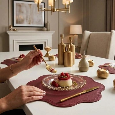 Ensemble de table moderne présenté sur une table blanche.