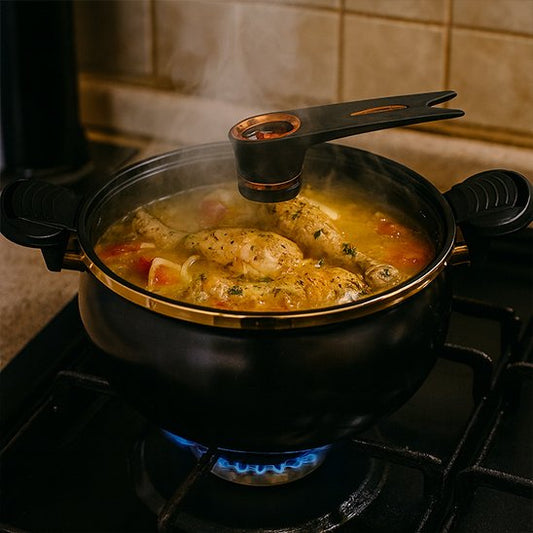 Faitout en cuisine avec un plat mijoté chaud sur le feu.