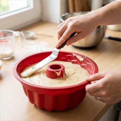Framboises ajoutées délicatement dans un moule à kouglof rempli pâte