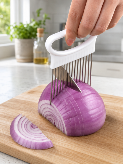 Guide de découpe pour oignon utilisé sur un demi-oignon rouge posé sur une planche en bois dans une cuisine.