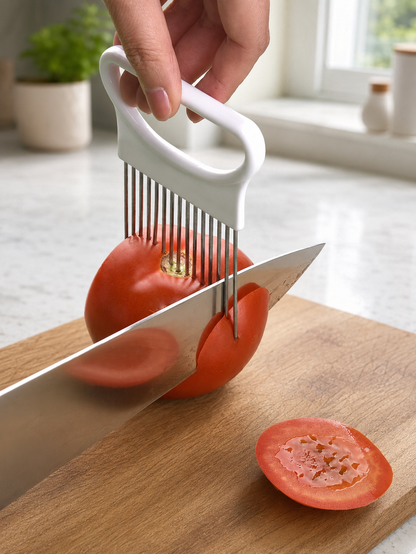 Guide de découpe maintenant une tomate pendant le passage d’un couteau sur une planche en bois.