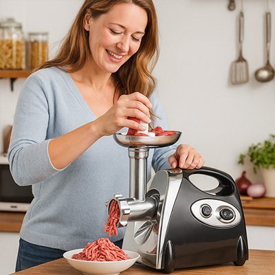  Hachoir à viande électrique en action pour préparer de la viande fraîche.
