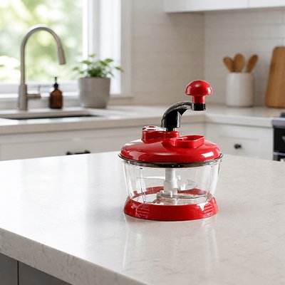 Hachoir coupe‑légume de couleur rouge posé  sur un plan de travail.