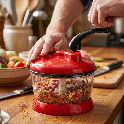 Hachoir coupe‑légume manuel pressé pour découper rapidement des aliments.