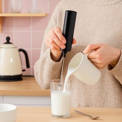 Main versant du lait tout en utilisant un mousseur à lait électrique.