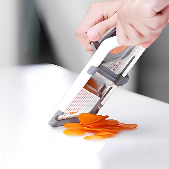 Mandoline compacte utilisée pour obtenir des tranches fines et uniformes.