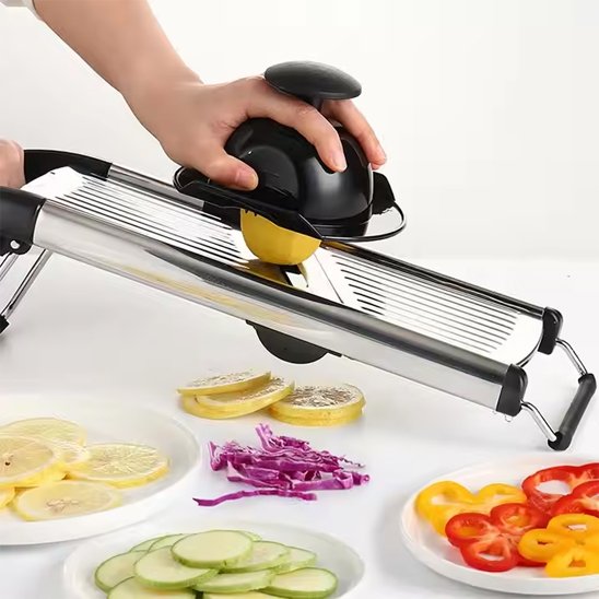 Mandoline japonaise avec lame inox, utilisée pour préparer des légumes.