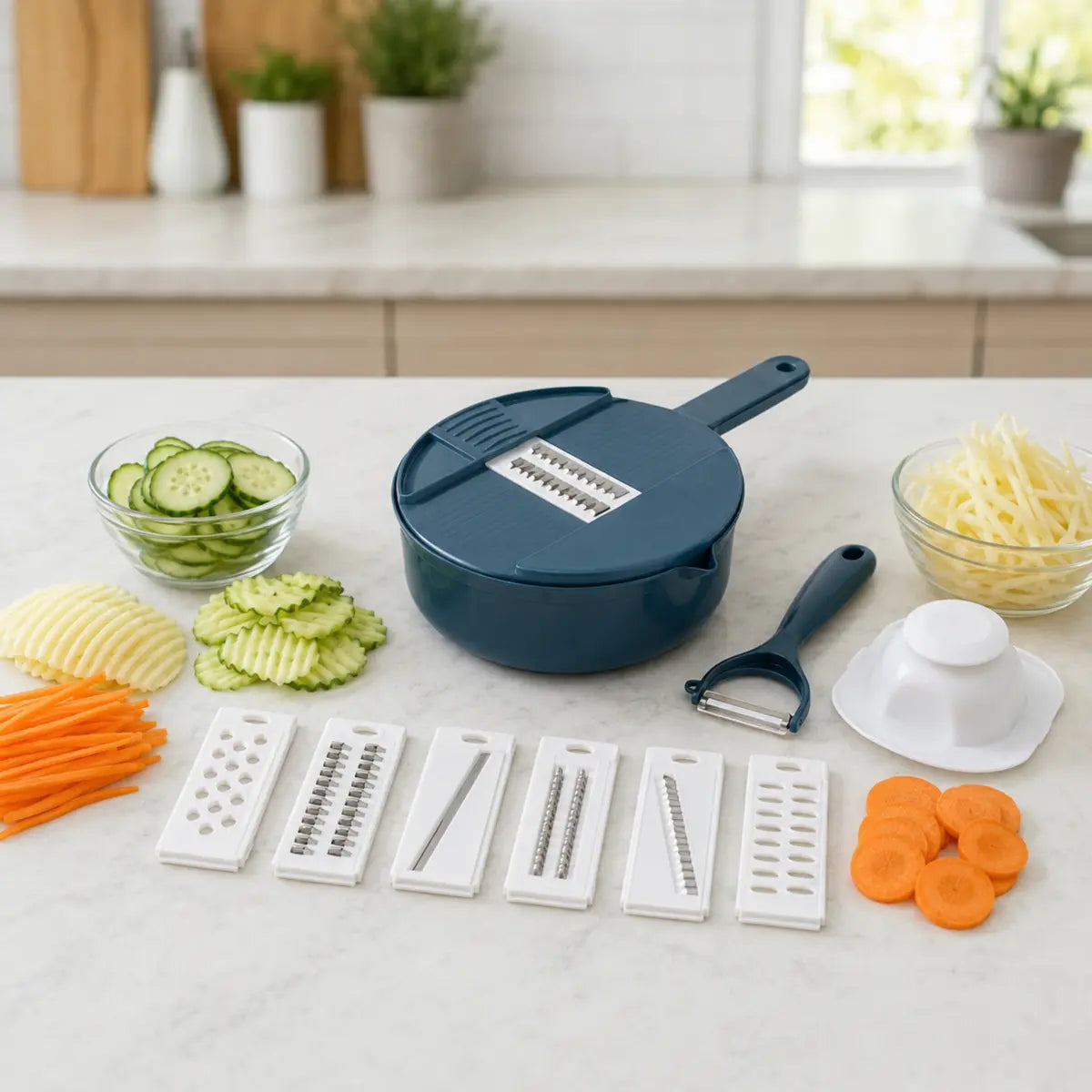 Mandoline coupe-légumes avec poussoir, éplucheur et six grilles