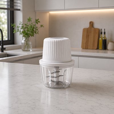 Mini hachoir électrique posé sur un comptoir prêt à hacher des ingrédients.
