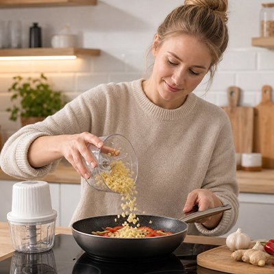 Mini hachoir electrique près d'une persone faisant du repas dans une poêle sur une plaque électrique 