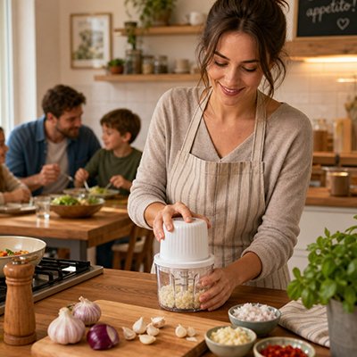 Mini hachoir électrique utilisé pour préparer des ingrédients en cuisine.