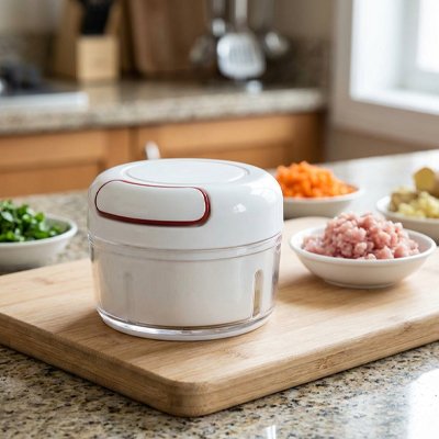 Mini hachoir manuel utilisé pour hacher des légumes variés.