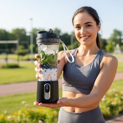 Mixeur portable rempli d’ingrédients frais pour préparer un smoothie énergétique.