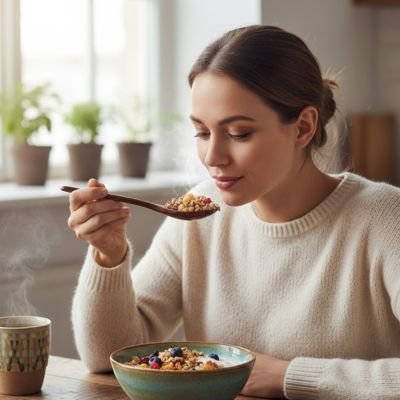 Moment matinal chaleureux avec une cuillère à souper en bois servant un bol d’avoine chaud dans une cuisine ensoleillée.