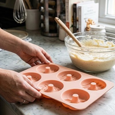 Moule à donuts en silicone placé sur le comptoir avant d’être rempli.