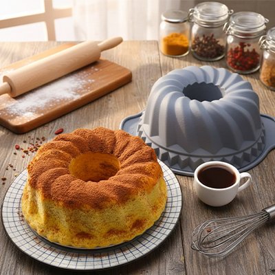 Moule à kouglof posé près d'un délicieux gâteau venant d'être démoulé