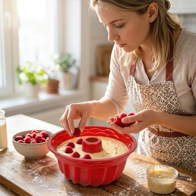 Moule à kouglof rouge rempli de pâte décorée avec framboises fraîches.