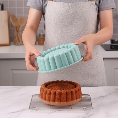Moules à gâteau en silicone démoulant un cake sur grille de refroidissement. 