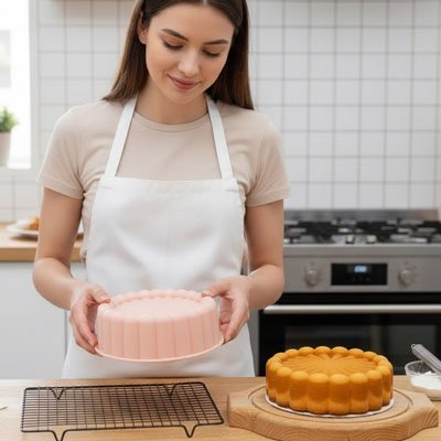 Moules à gâteau souples utilisés pour retirer facilement un cake fraîchement cuit.