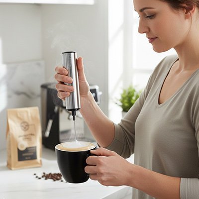 Mousseur à lait compact fouettant un café chaud près d’une machine à café