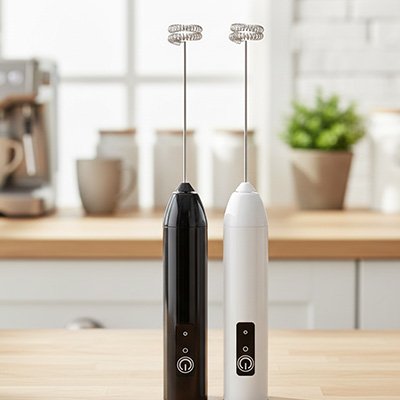 Mousseur à lait électrique affiché sur un plan de travail près d’une machine à café