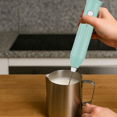 Mousseur à lait électrique créant une mousse dans un pichet gradué.
