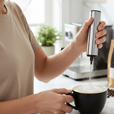 Mousseur à lait électrique faisant mousser un café chaud dans une tasse tenue à la main.