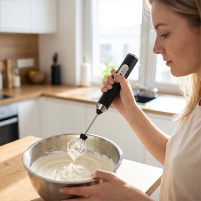 Mousseur à lait électrique plongé dans un pichet de lait pour préparer une mousse crémeuse à la maison.