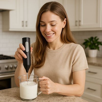 Mousseur à lait électrique utilisé pour faire mousser du lait dans un verre doseur en cuisine.