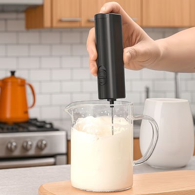 Mousseur à lait électrique utilisé pour obtenir une mousse bien dense.