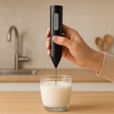 Mousseur à lait manuel électrique permettant d’obtenir une mousse de lait onctueuse dans un récipient transparent 