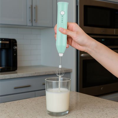 Mousseur à lait plongé dans un pichet transparent pour mousser efficacement.