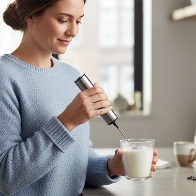 Mousseur à lait portable utilisé pour aérer une boisson chaude sur un comptoir de cuisine. 