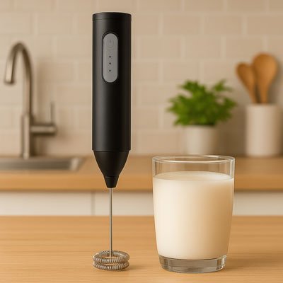 Mousseur a lait posé a côté d'un verre de lait sur un comptoir de cuisine