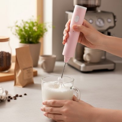Mousseur à lait sans fil en action dans un verre de lait.