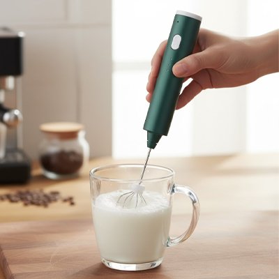 Mousseur à lait sans fil fouettant du lait dans un verre transparent 