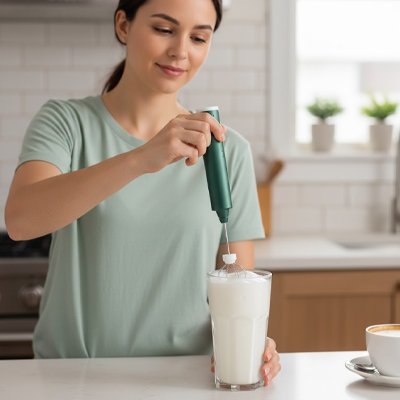 Mousseur à lait sans fil utilisé pour faire mousser du lait chaud.