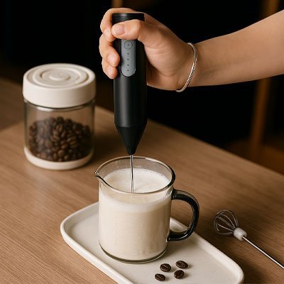 Mousseur à lait tenu à la main pour émulsionner du lait dans un récipient en verre posé sur un plateau blanc.
