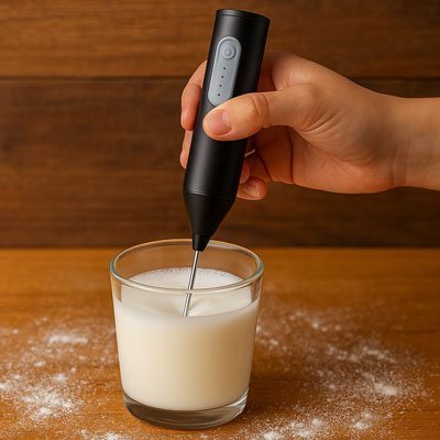 Mousseur à lait tenu à la main pour émulsionner du lait dans un verre gradué sur un plan de travail.