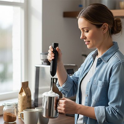 Mousseur à lait utilisé pour faire mousser du lait chaud dans un verre