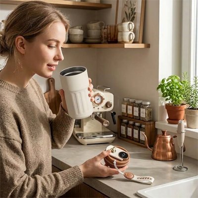 Mug isotherme blanc tenu à la main lors de la préparation du café en cuisine.