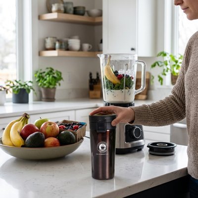 Mug-isotherme en acier inoxydable sur un comptoir de cuisine