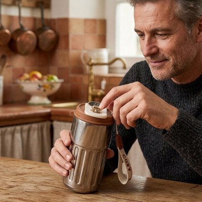 Mug isotherme en inox avec couvercle marron tenu à la main dans une cuisine. 